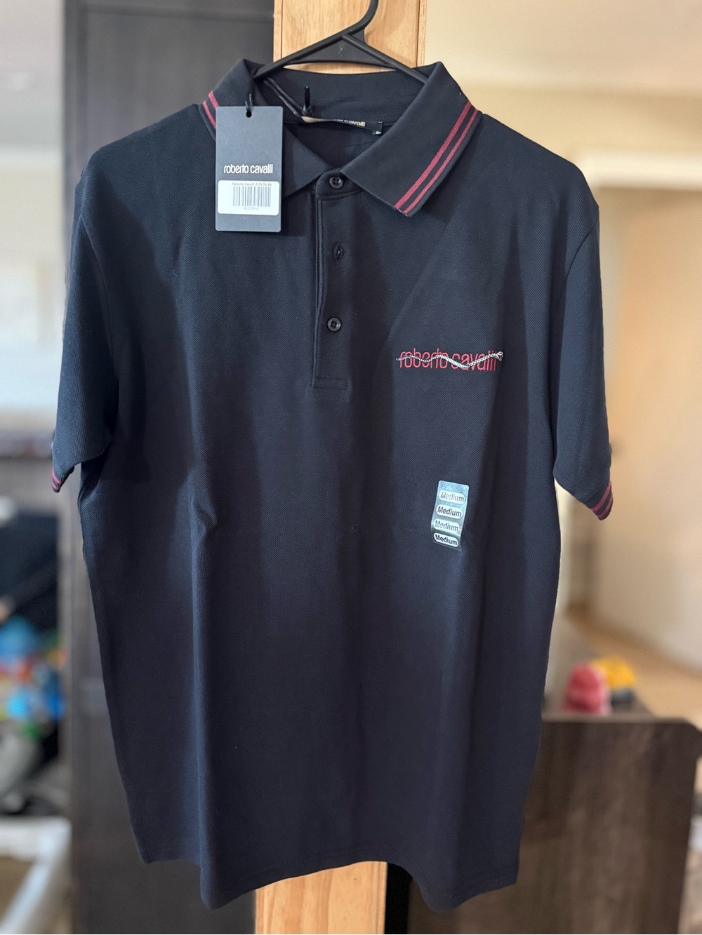 Roberto Cavalli Black Polo with Red Trim and Embroidered Logo